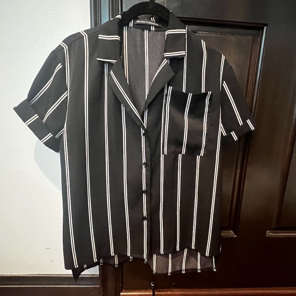 BRANDY MELVILLE STRIPED SHORT SLEEVE BLOUSE, ONE SIZE, BLACK/WHITE